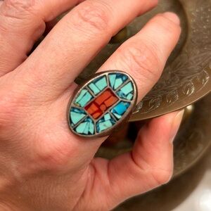 Vintage Art Ring - Turquoise and Red Color flecks Sz 9
